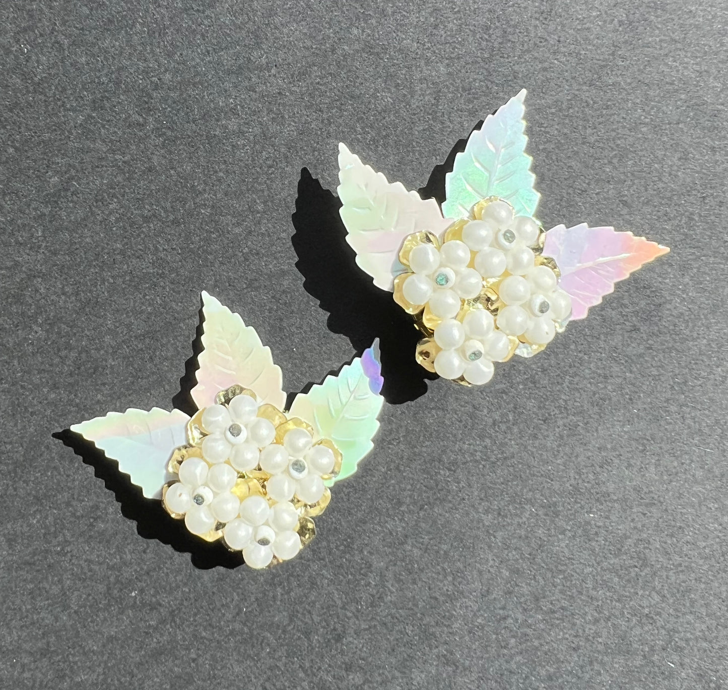 Iridescent Leaves, White + Gold Flowers...Playfully Understated Vintage Clip On Earrings