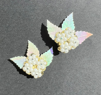 Iridescent Leaves, White + Gold Flowers...Playfully Understated Vintage Clip On Earrings