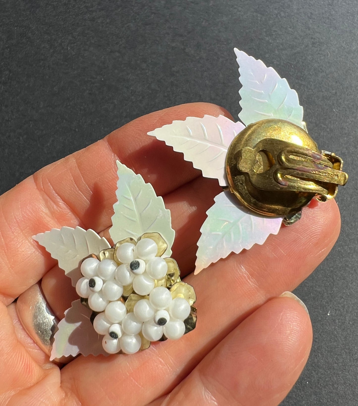 Iridescent Leaves, White + Gold Flowers...Playfully Understated Vintage Clip On Earrings