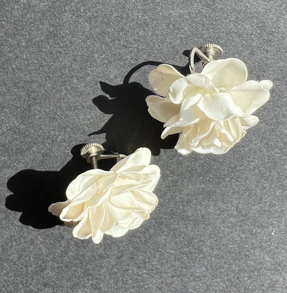 Vintage 1940s  White Celluloid Flowers Screw On Earrings
