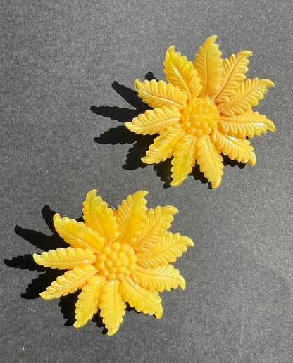 Bright and Sunny Yellow Flower 1950s Clip-on Earrings 4cm tall.