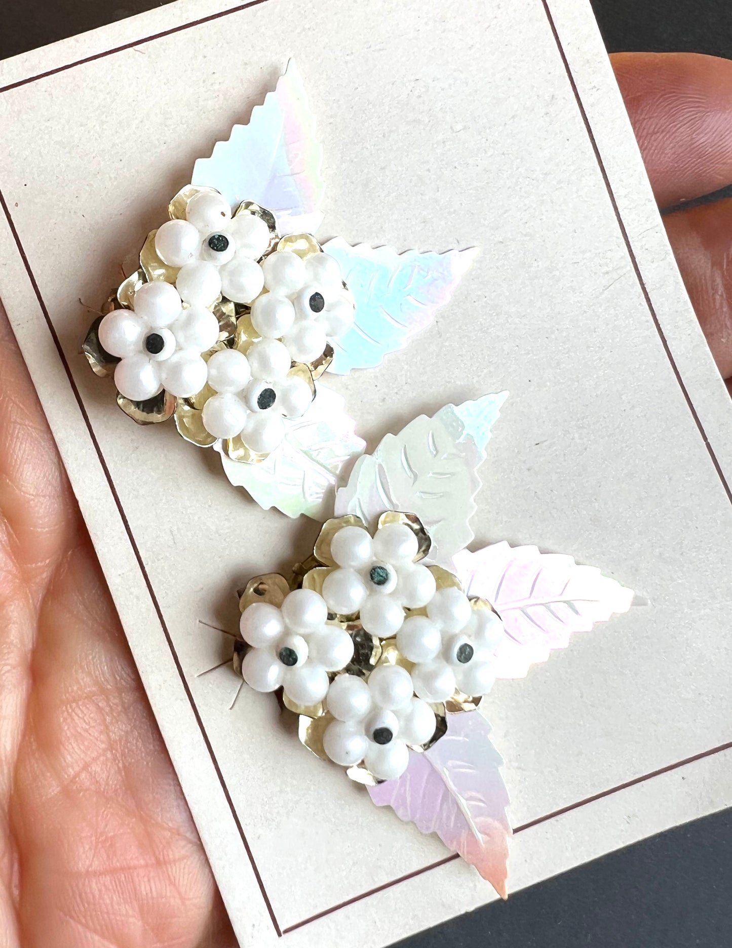 Iridescent Leaves, White + Gold Flowers...Playfully Understated Vintage Clip On Earrings