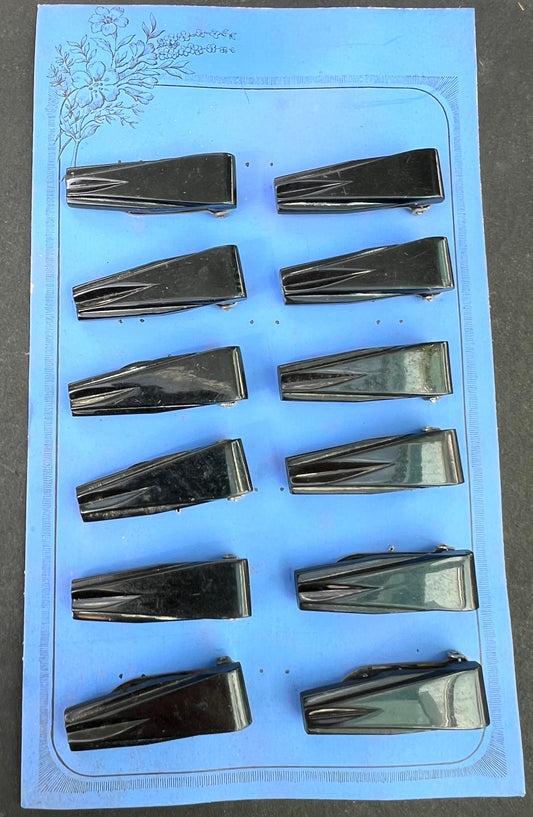 1930s Display Card of 12 Wonderfully Deco Black Bakelite Dress Clips