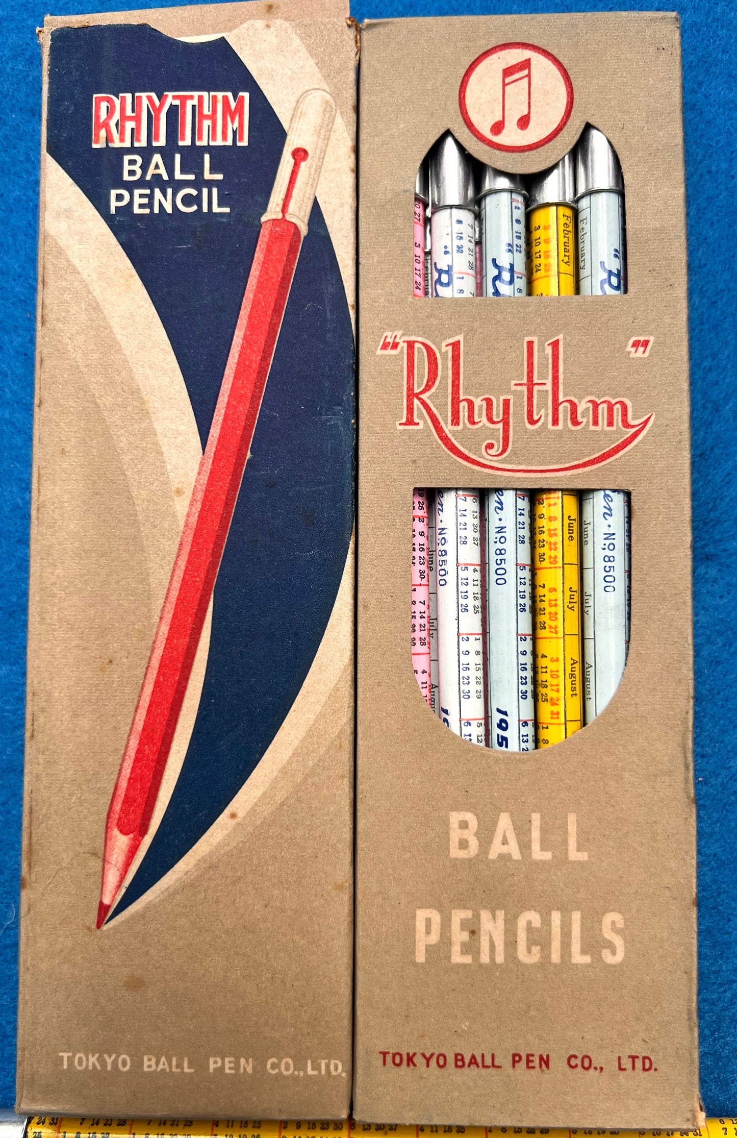 Box of 12 Rhythm Ball Pencils (Pens !) Decorated with 1958 Calendar