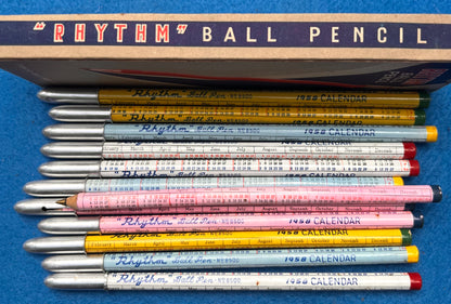 Box of 12 Rhythm Ball Pencils (Pens !) Decorated with 1958 Calendar