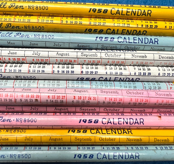 Box of 12 Rhythm Ball Pencils (Pens !) Decorated with 1958 Calendar
