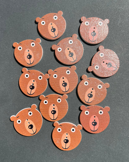 Job Lot of 13 Wooden Bear Head Buttons