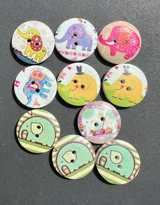 Job Lot of 10 Round Wooden Elephant Buttons