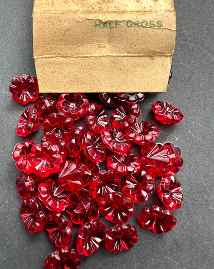 Half a Gross (72) Sparkly Deep Red 1.2 cm Vintage Flower Buttons/ Beads