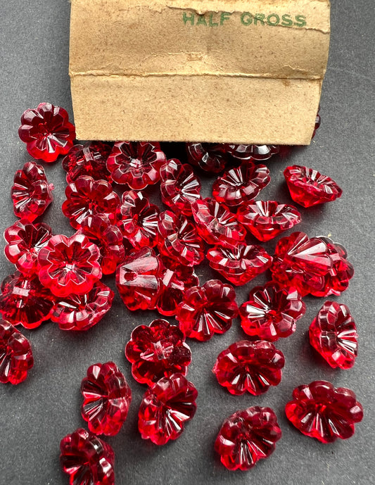 Half a Gross (72) Sparkly Deep Red 1.2 cm Vintage Flower Buttons/ Beads