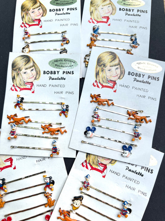 6 Vintage Walt Disney Hair Pins - Mickey, Pluto, Donald
