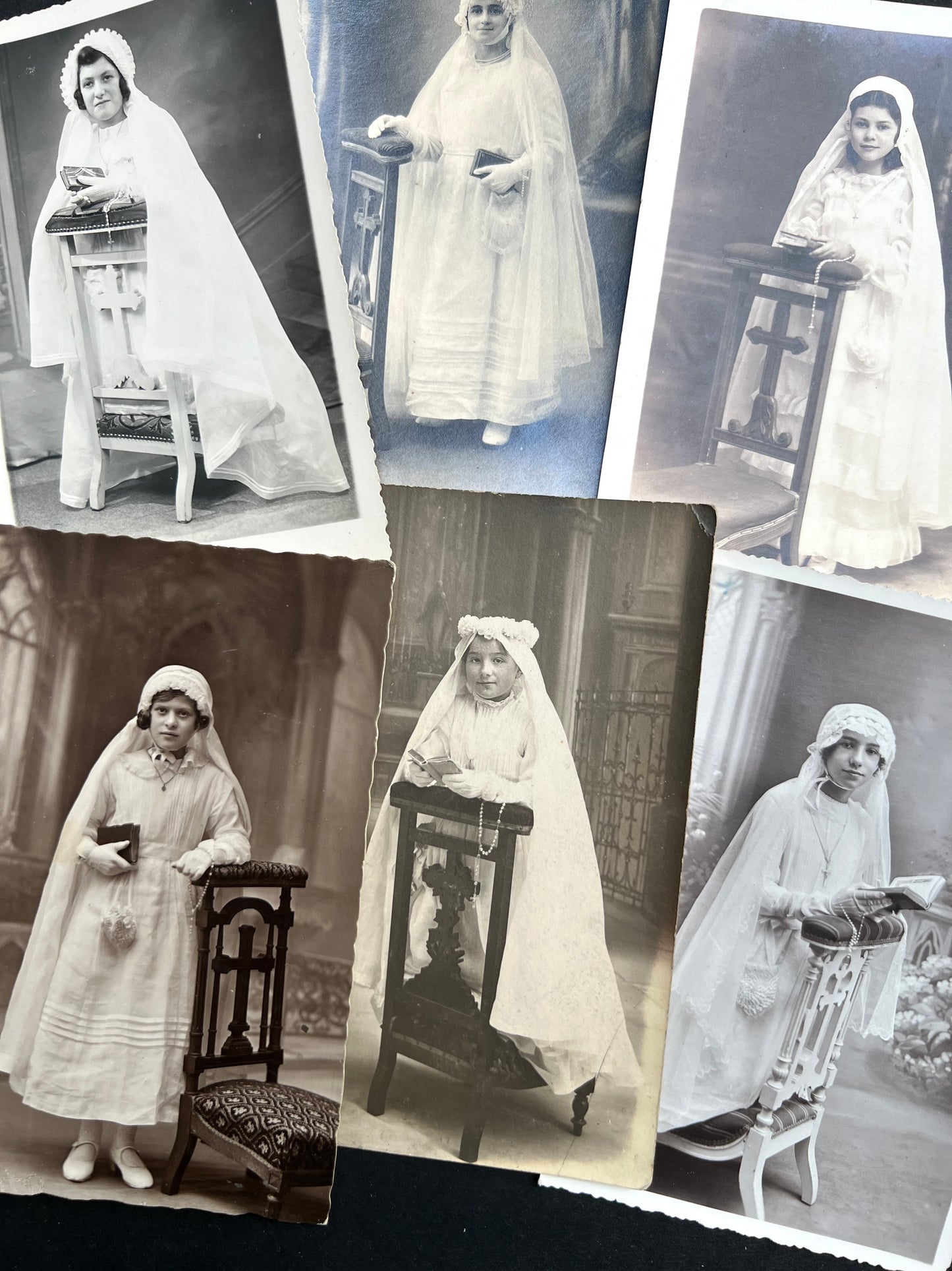 6 French 1930s First Communion Photos with Rosaries.