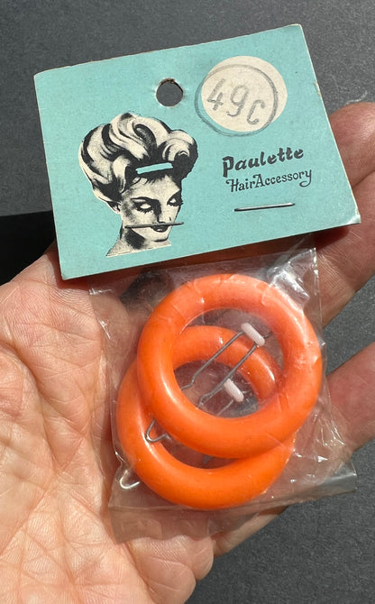 Pair of Bright Orange Vintage 3.7cm Hair Clips