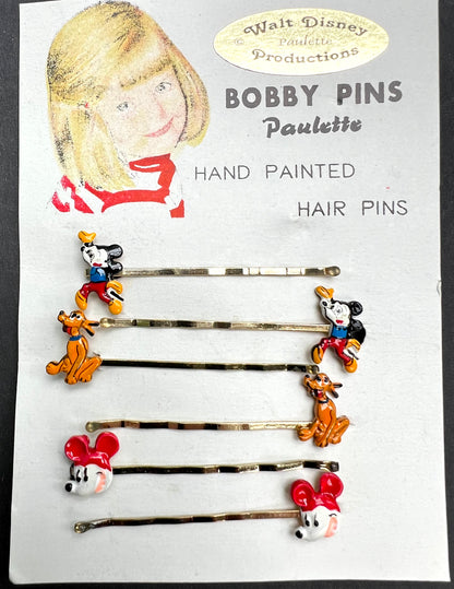 6 Vintage Walt Disney Hair Pins - Mickey, Pluto, Donald
