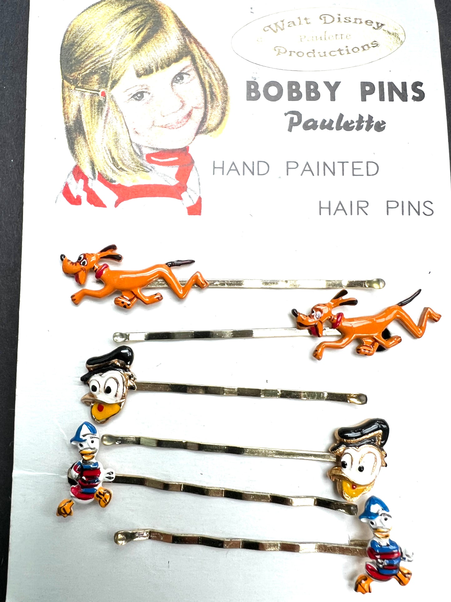 6 Vintage Walt Disney Hair Pins - Mickey, Pluto, Donald