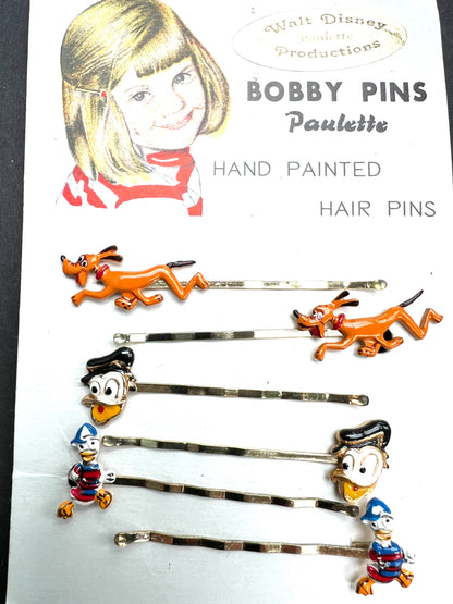 6 Vintage Walt Disney Hair Pins - Mickey, Pluto, Donald