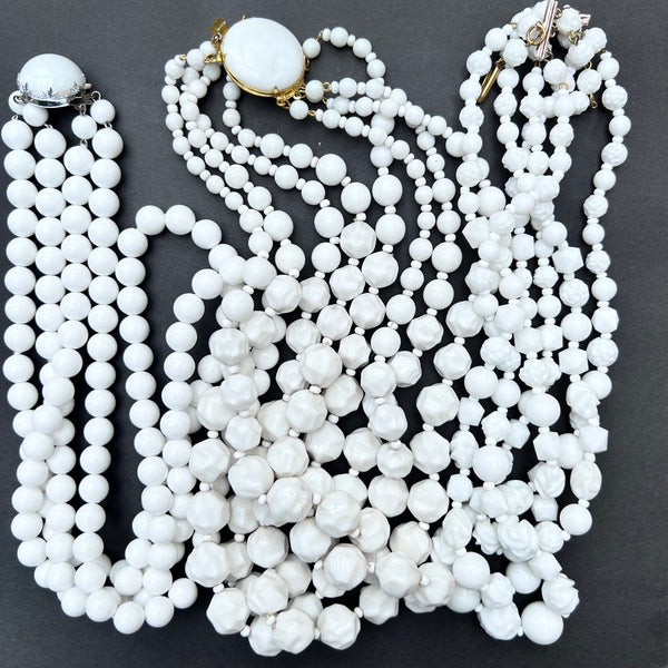 3 Different Vintage Multi-strand White Bead Necklaces