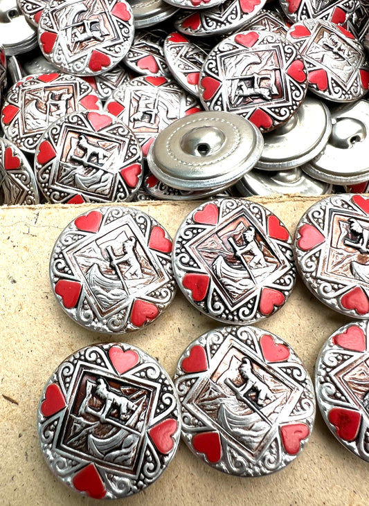 Wholesale 1 Gross Vintage 2.5cm Metal Buttons - Boy in Canoe with Hearts !