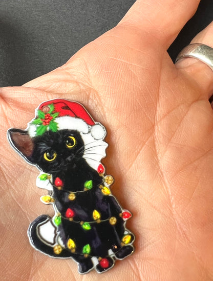 Mischievous Black Kittens Tangled in Christmas Lights - Pendant, Charm, Decoration