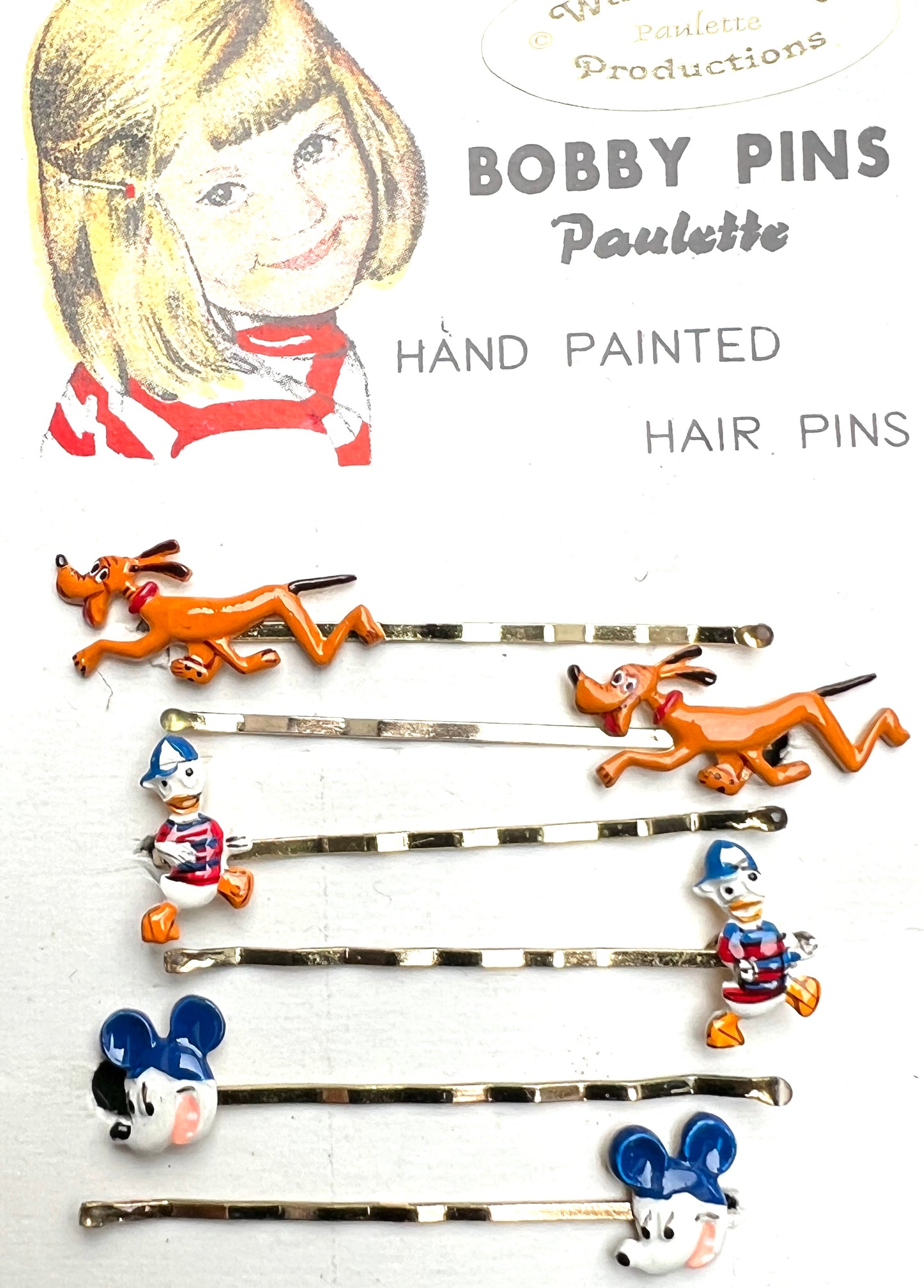 6 Vintage Walt Disney Hair Pins - Mickey, Pluto, Donald