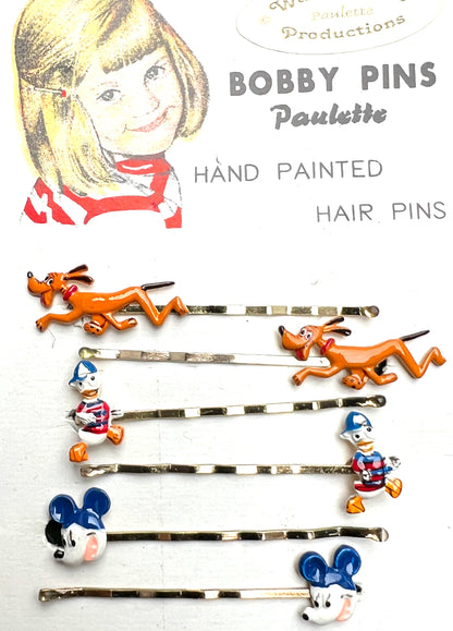 6 Vintage Walt Disney Hair Pins - Mickey, Pluto, Donald