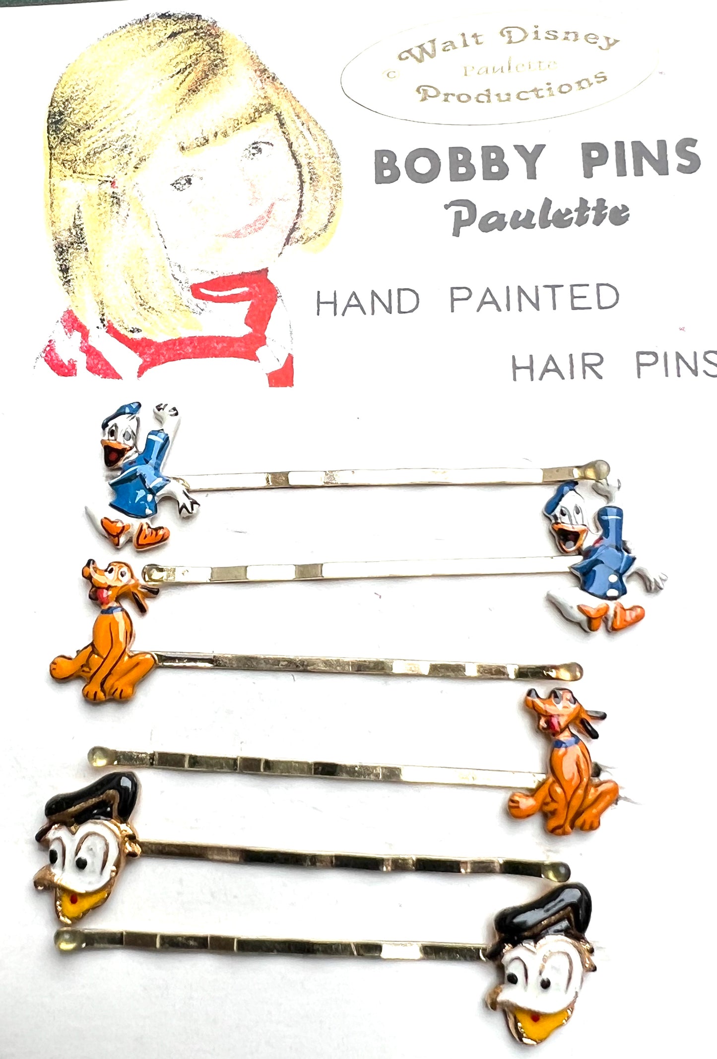 6 Vintage Walt Disney Hair Pins - Mickey, Pluto, Donald