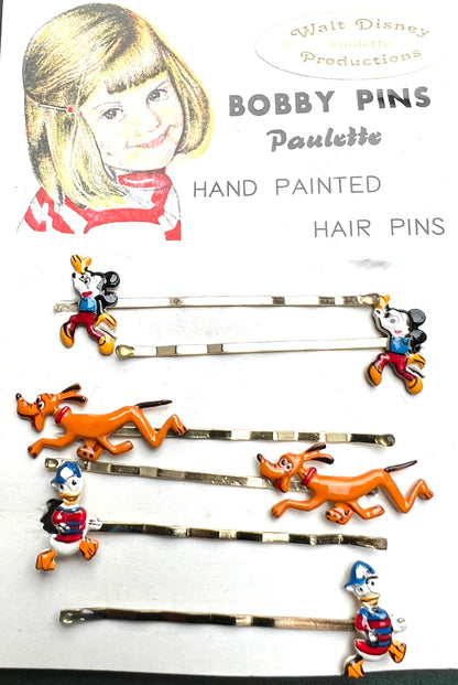 6 Vintage Walt Disney Hair Pins - Mickey, Pluto, Donald