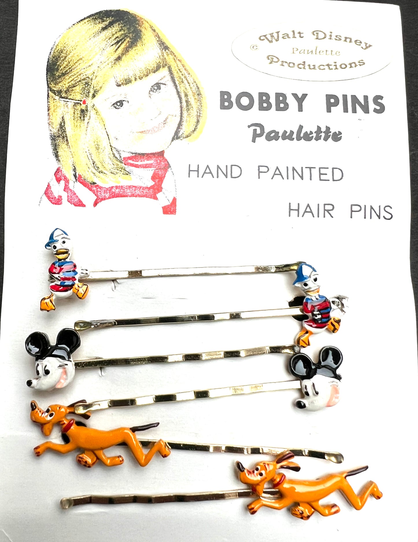 6 Vintage Walt Disney Hair Pins - Mickey, Pluto, Donald