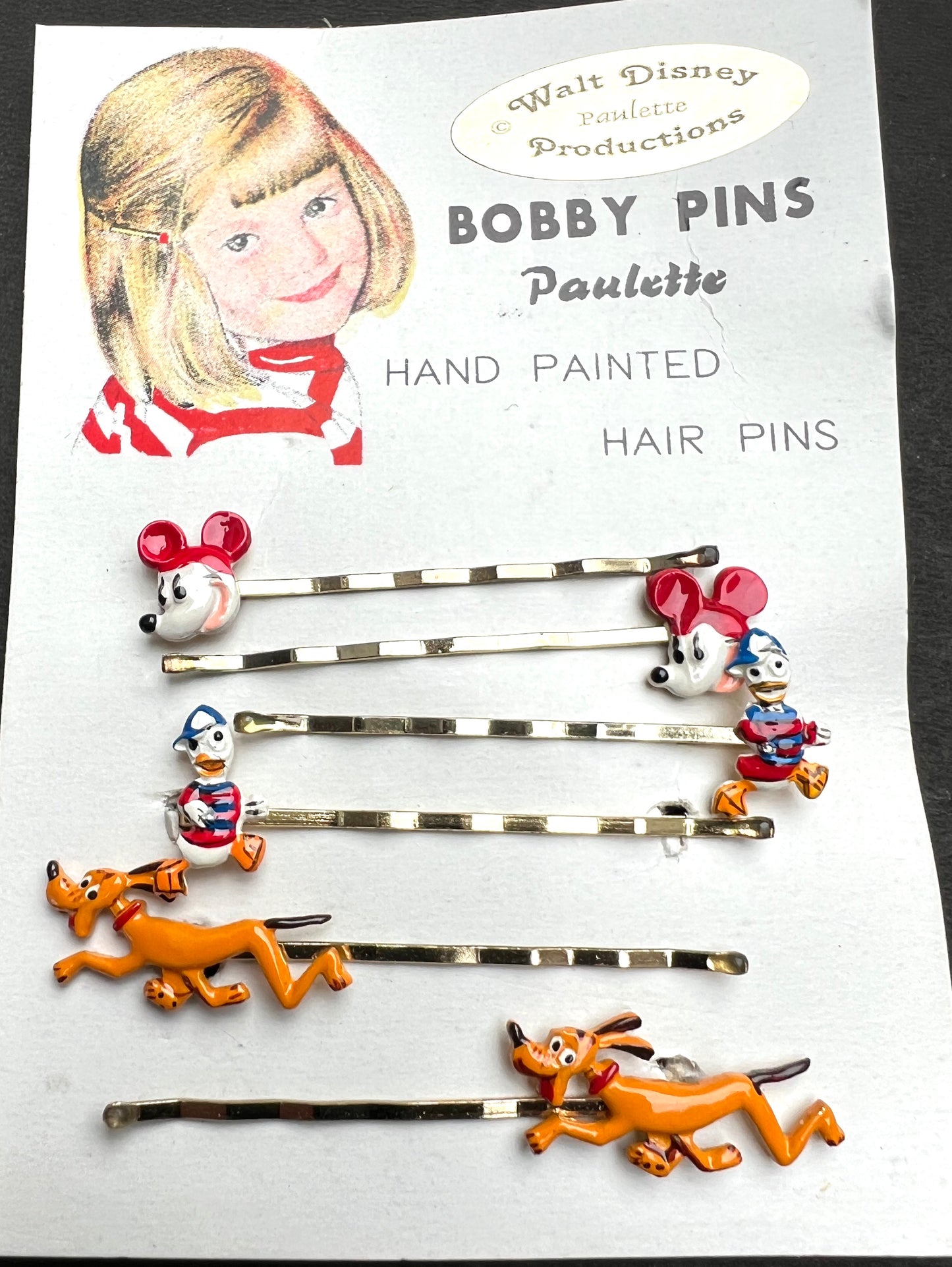 6 Vintage Walt Disney Hair Pins - Mickey, Pluto, Donald