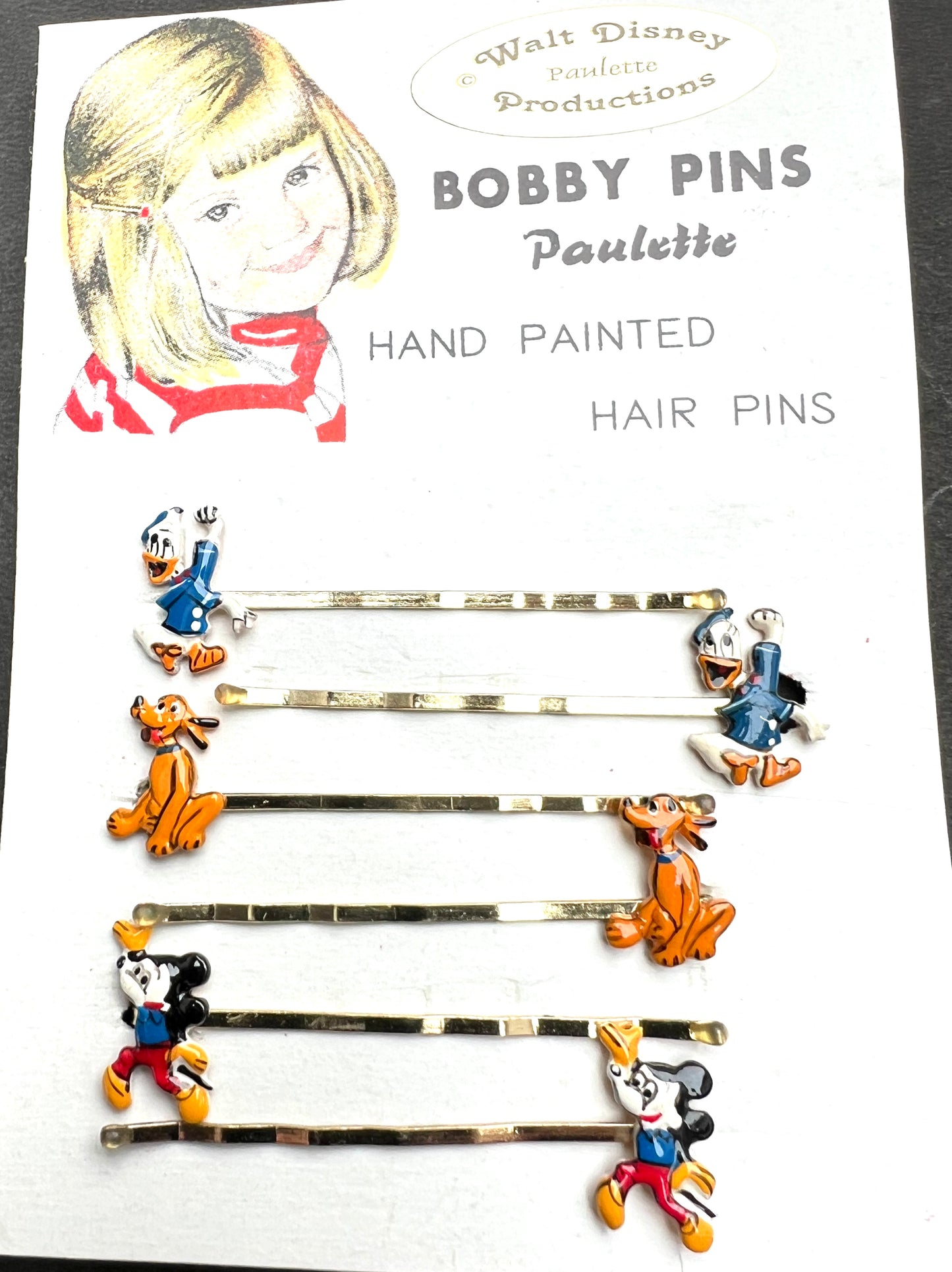 6 Vintage Walt Disney Hair Pins - Mickey, Pluto, Donald