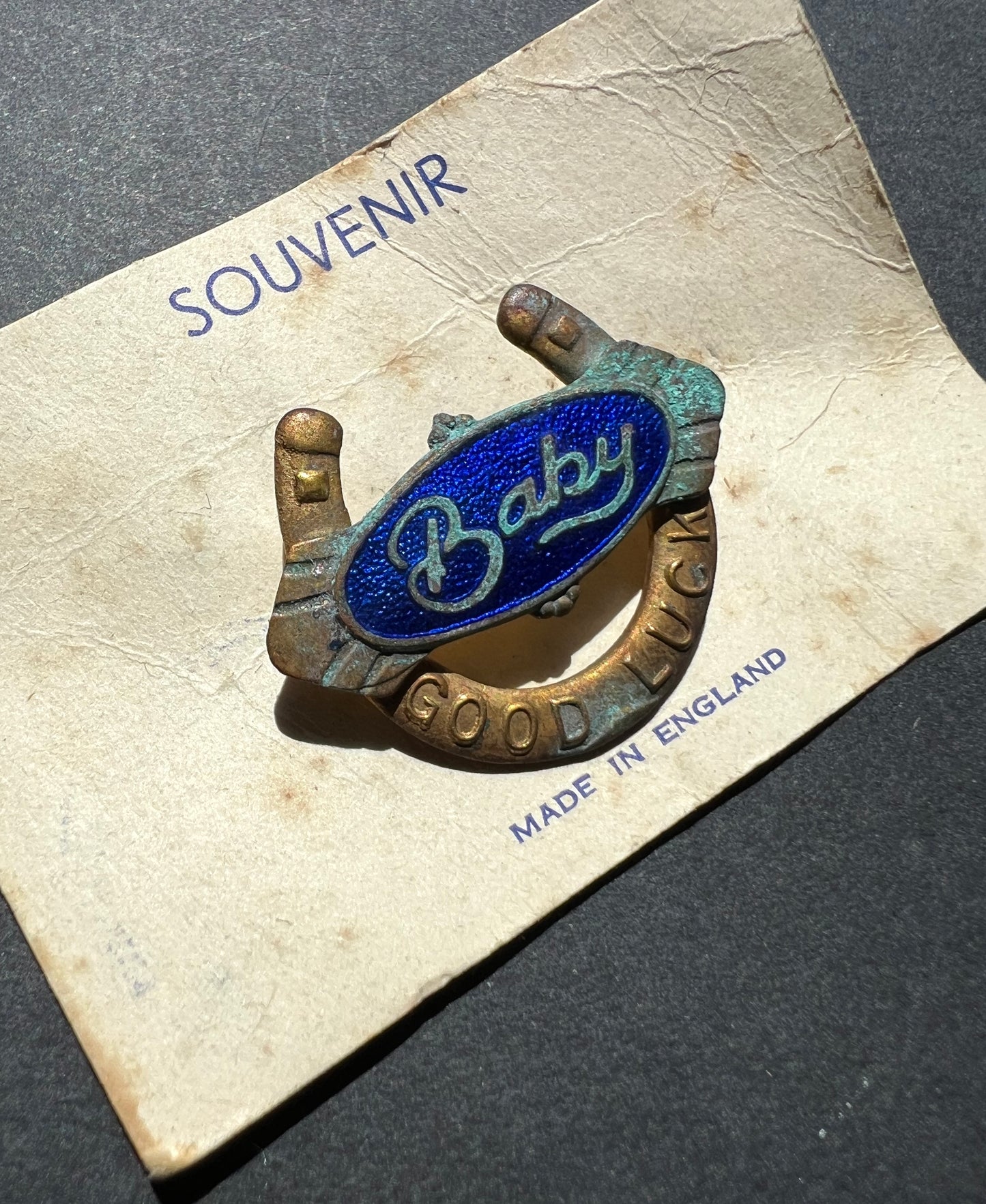Vintage Enamel GOOD LUCK Baby Brooch - Corroded.