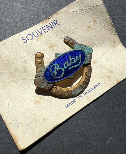 Vintage Enamel GOOD LUCK Baby Brooch - Corroded.