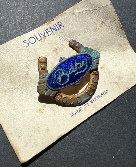 Vintage Enamel GOOD LUCK Baby Brooch - Corroded.