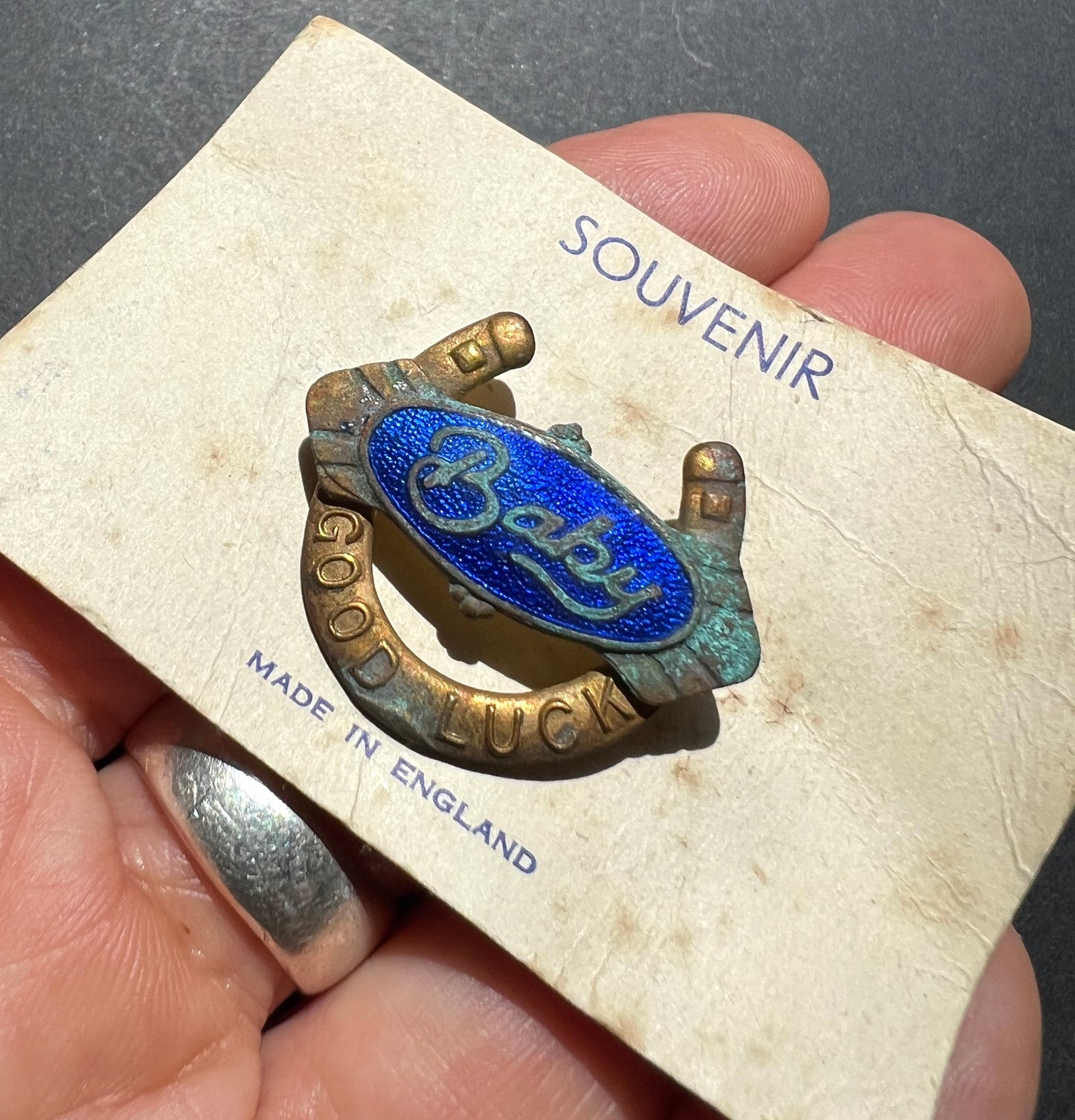 Vintage Enamel GOOD LUCK Baby Brooch - Corroded.