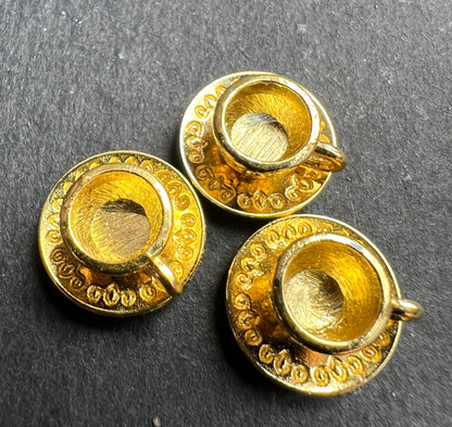 3D Gold Tone Cup + Saucer Charm / Pendant 1.4cm