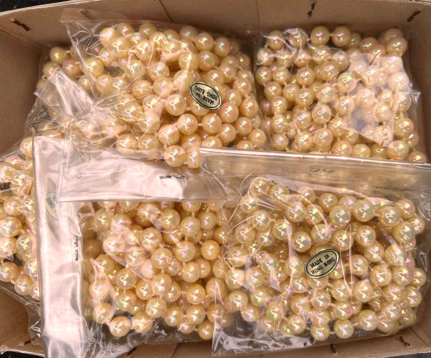 Box of 12 Sets of 1960s Pearly Golden Bead Necklaces