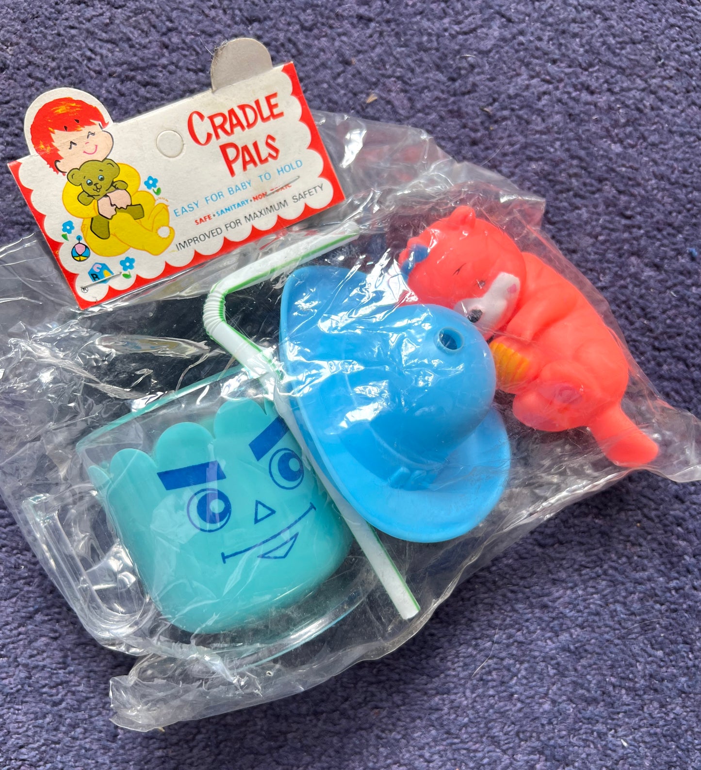 1970s CRADLE PALS Face Beaker with Hat Lid and  Squeaky Toy Made in Hong Kong