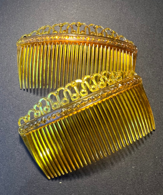 2 Delicate 1940s BRITISH MADE Amber Plastic 9cm Hair Combs