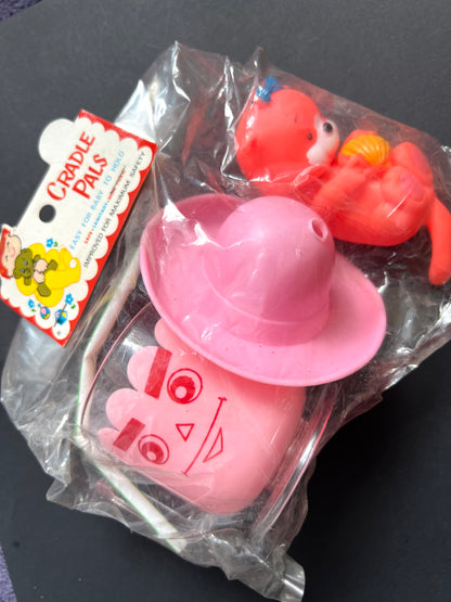 1970s CRADLE PALS Face Beaker with Hat Lid and  Squeaky Toy Made in Hong Kong