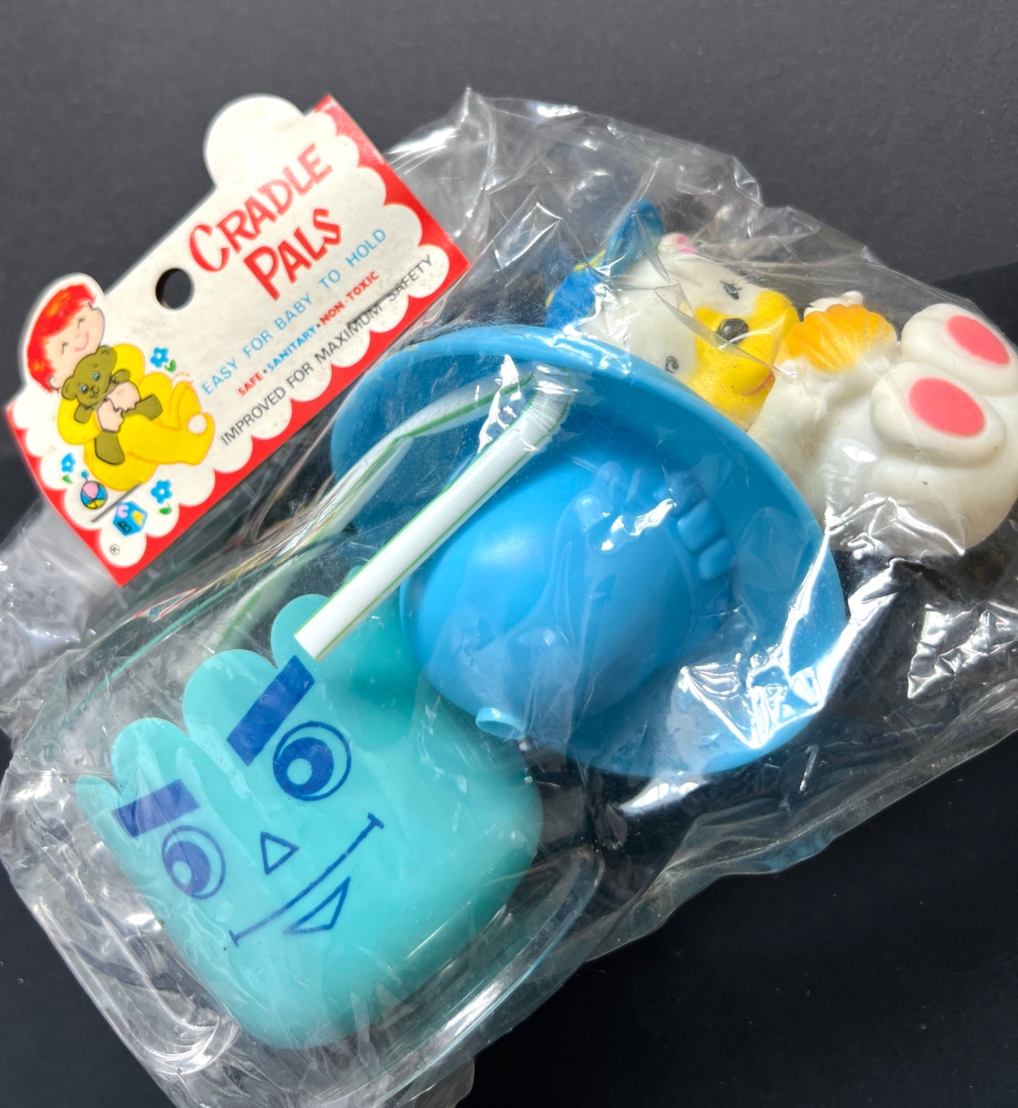 1970s CRADLE PALS Face Beaker with Hat Lid and  Squeaky Toy Made in Hong Kong