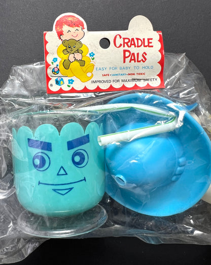 1970s CRADLE PALS Face Beaker with Hat Lid and  Squeaky Toy Made in Hong Kong