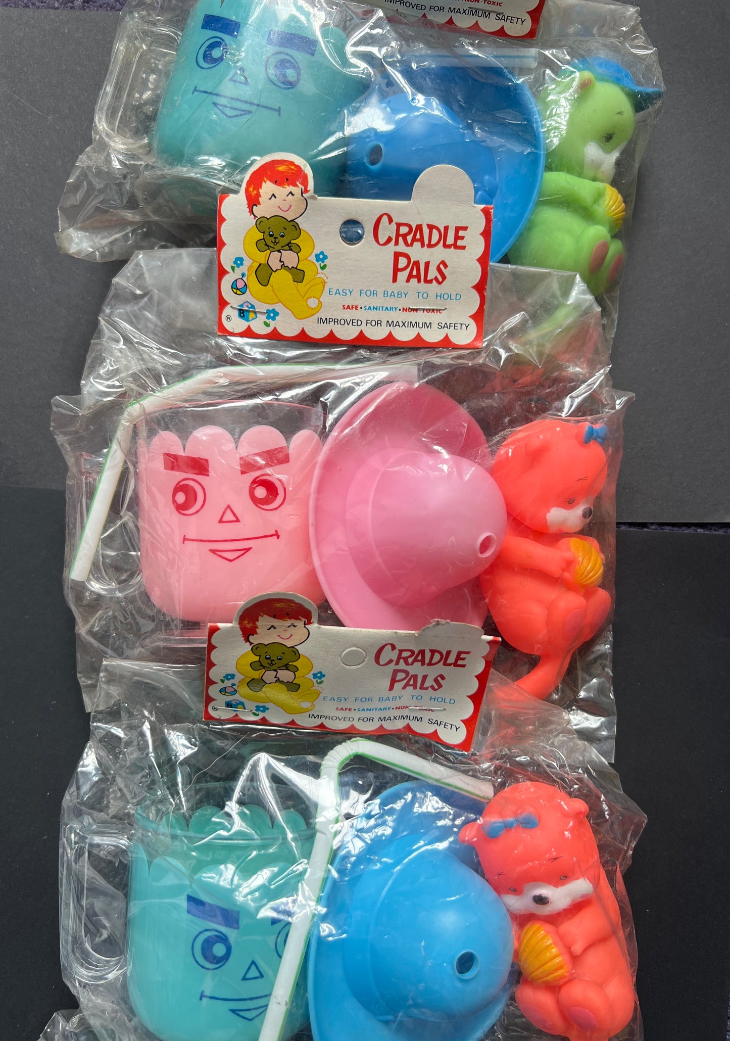1970s CRADLE PALS Face Beaker with Hat Lid and  Squeaky Toy Made in Hong Kong