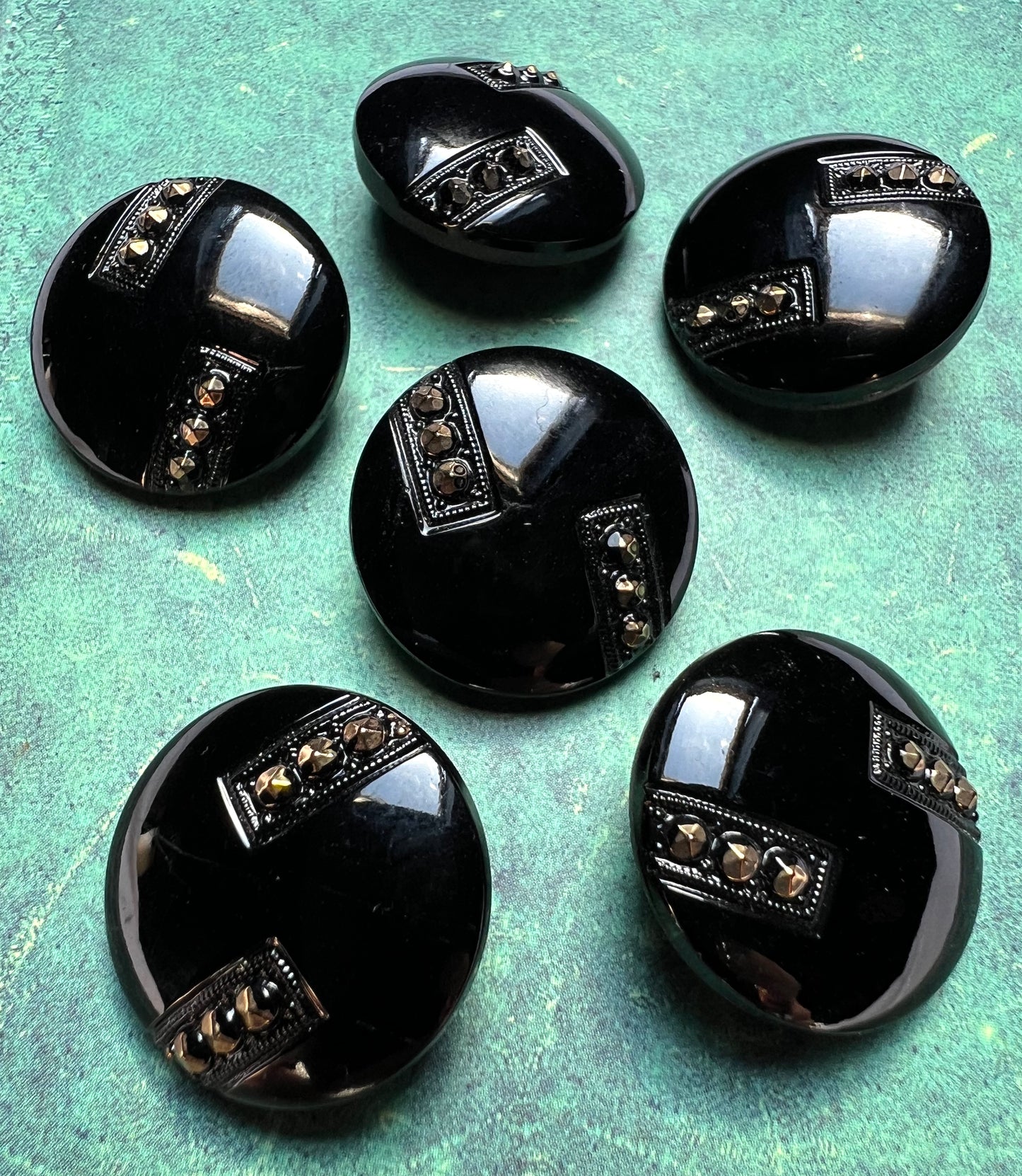 6 French Deco Black & Gold Big 2.3cm Vintage Glass Buttons