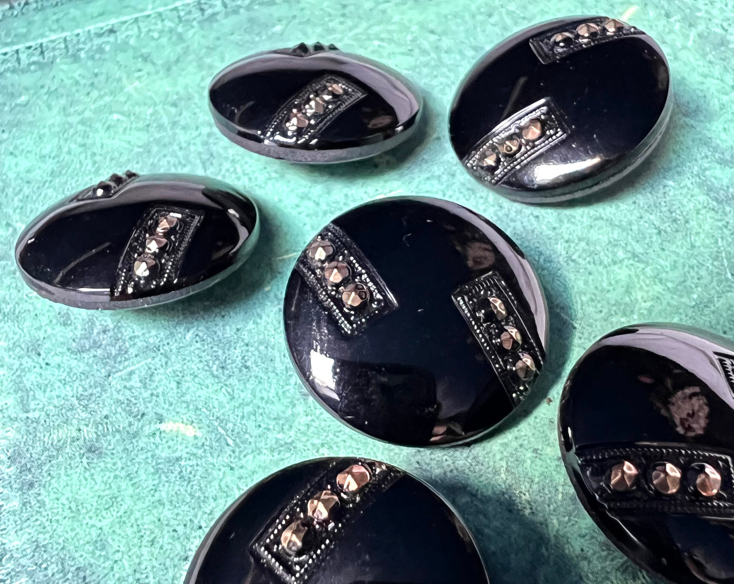 6 French Deco Black & Gold Big 2.3cm Vintage Glass Buttons