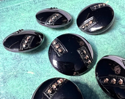 6 French Deco Black & Gold Big 2.3cm Vintage Glass Buttons