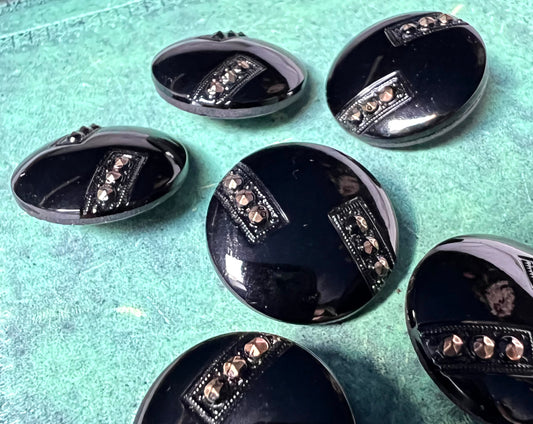 6 French Deco Black & Gold Big 2.3cm Vintage Glass Buttons