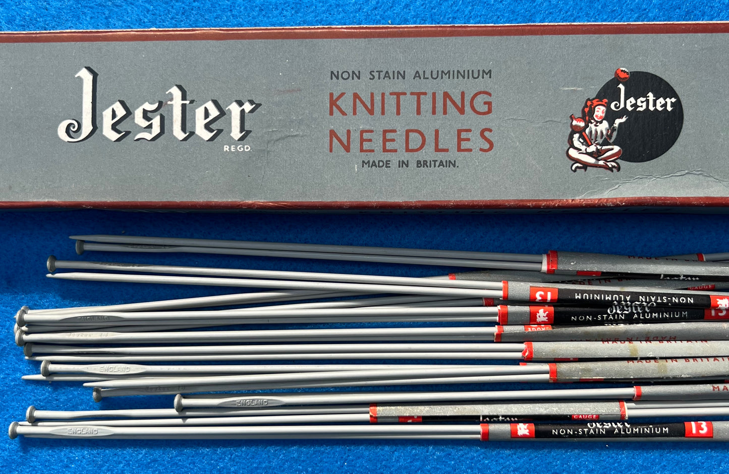 Lovely old JESTER Box with 12 pairs of 14" Knitting Needles