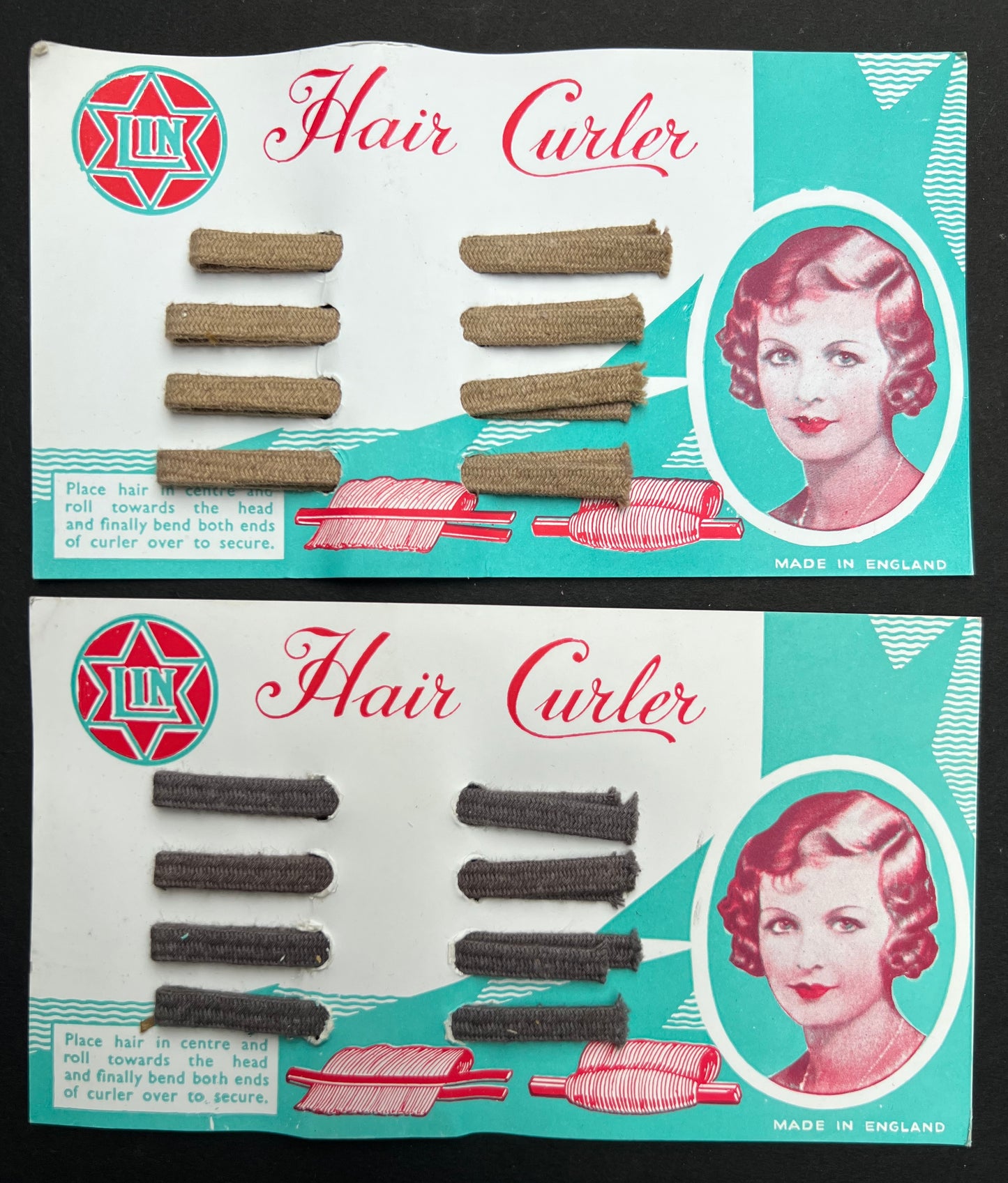 Lovely 1930s Display Card of 4  Flexible Fabric Covered Hair Curlers