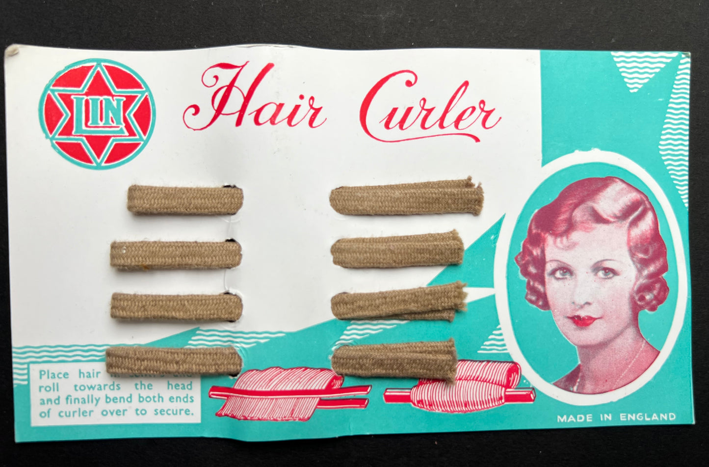 Lovely 1930s Display Card of 4  Flexible Fabric Covered Hair Curlers