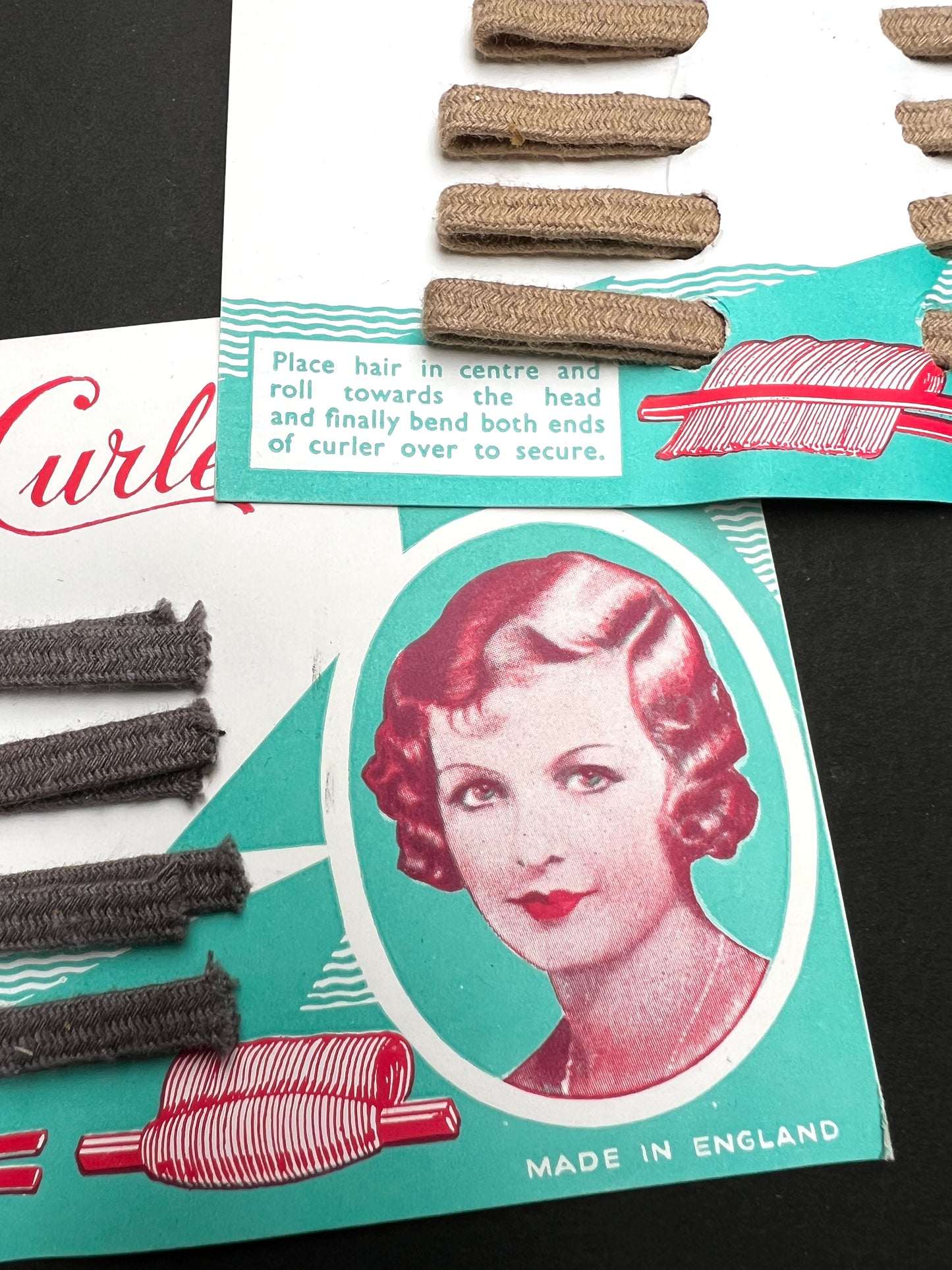 Lovely 1930s Display Card of 4  Flexible Fabric Covered Hair Curlers